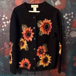 vintage Susan Bristol Black Cardigan with Sunflower Design Embroidered